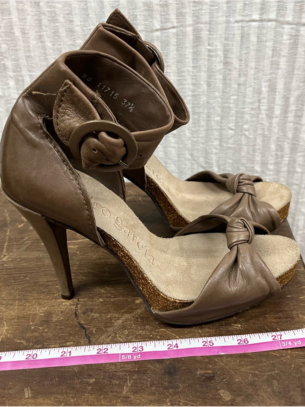37.5 Pedro Garcia Taupe Brown Knotted Leather Ankle-Strap Heels